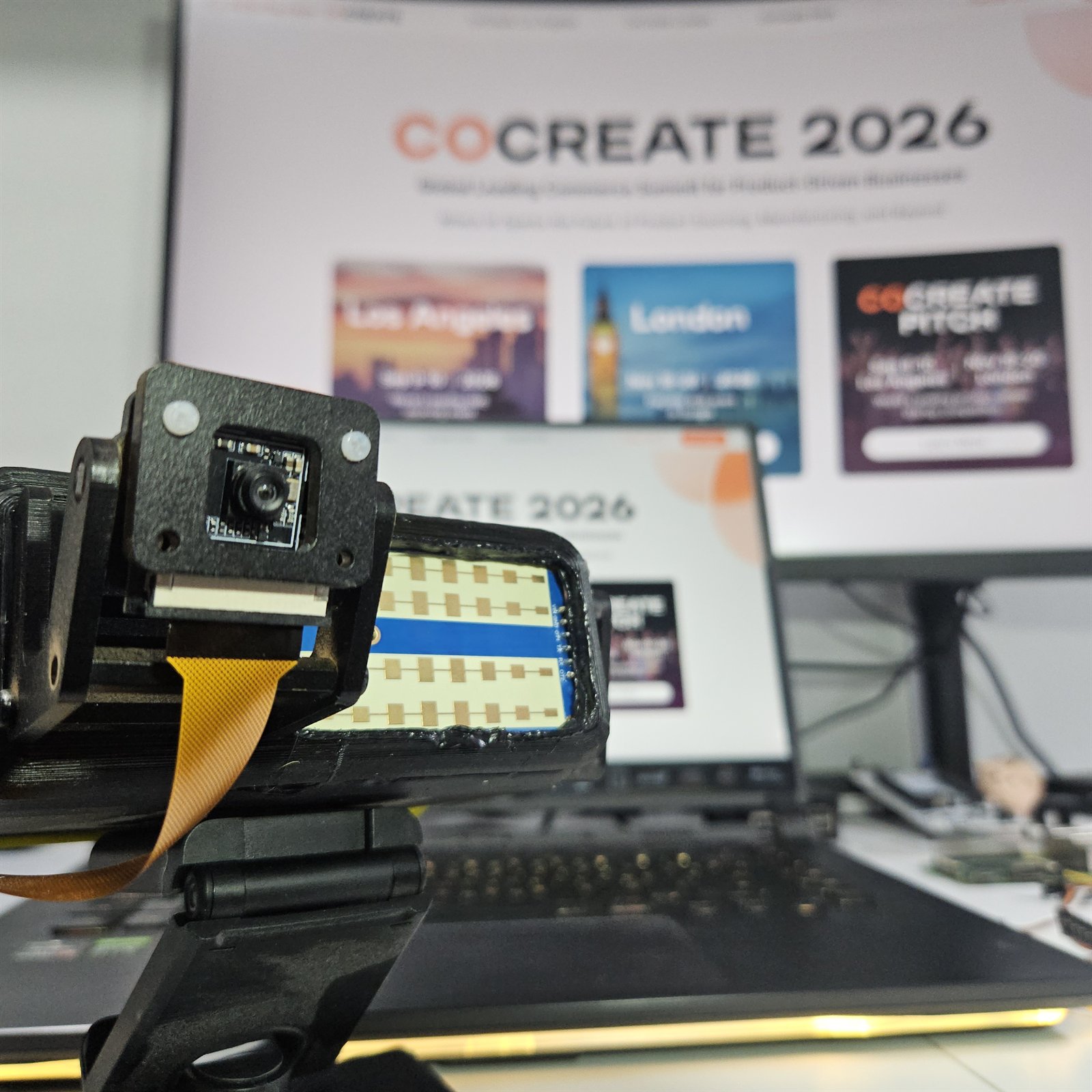 A camera module held in a printed bracket with its ribbon cable and connector board