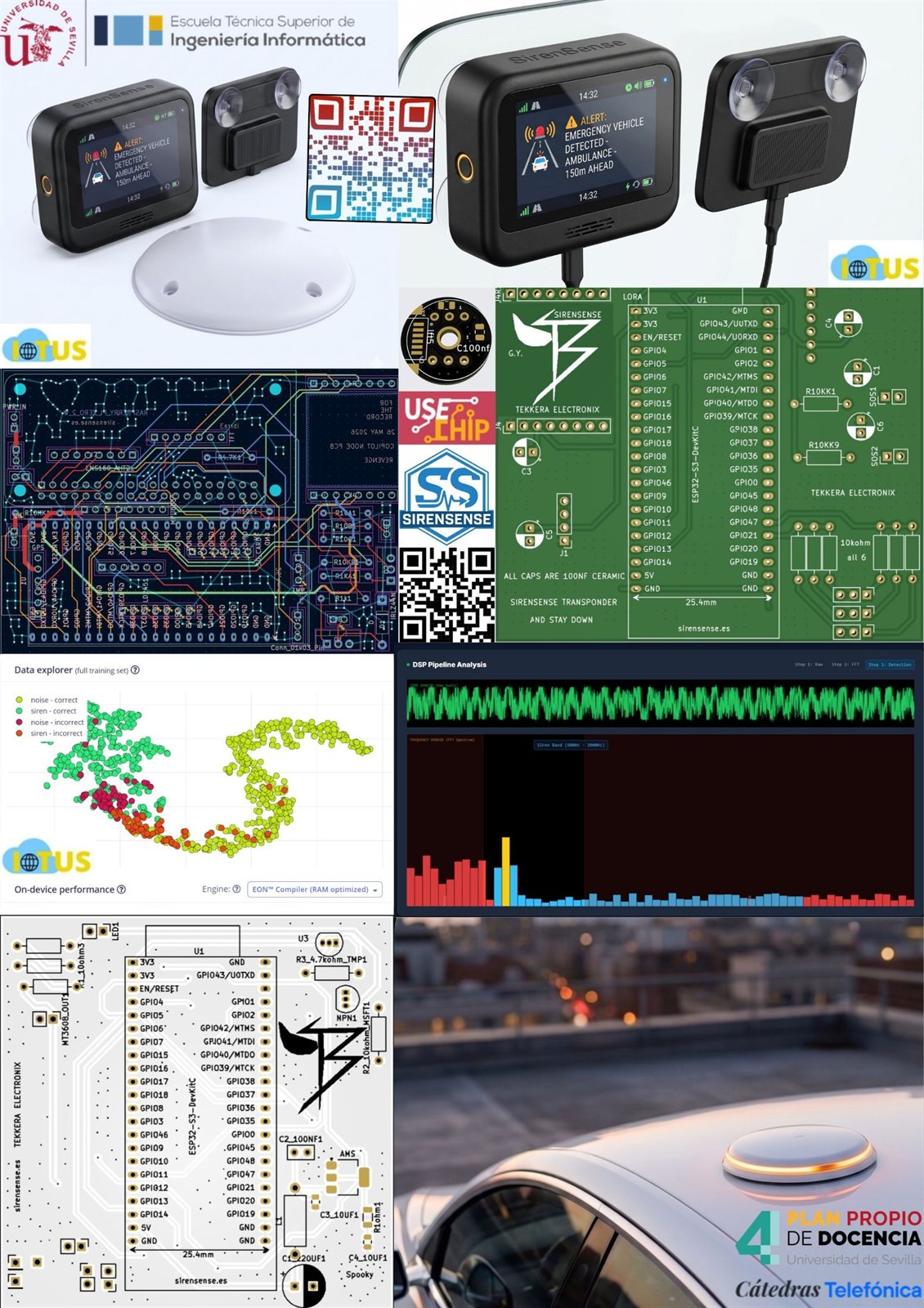 A project summary sheet combining the cabin device alert screen, PCB layouts, an Edge Impulse training-data scatter plot and the in-car view
